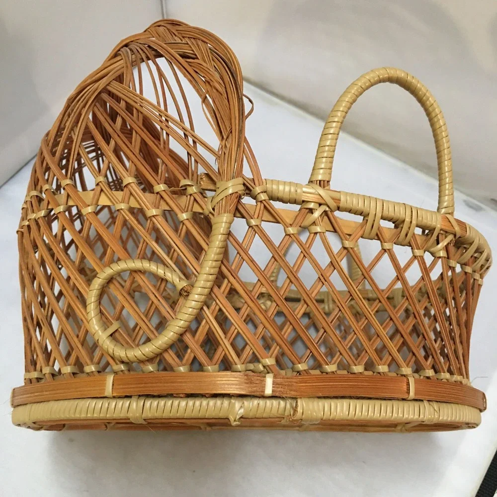 Wicker Doll Bassinet Miniature Small Tan Rattan Hooded Cradle Basket Cottagecore